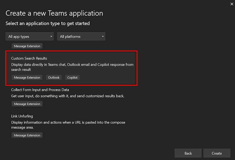 Screenshot shows the custom search results option in Visual Studio.