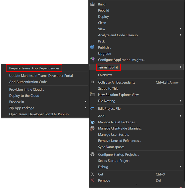 Screenshot shows the Prepare Teams app dependencies option under Teams Toolkit in Visual Studio app project.