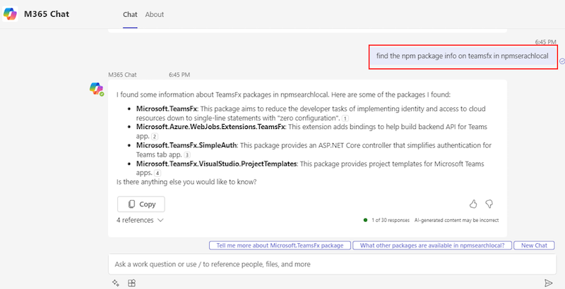 Screenshot shows the plugin prompt and the Adaptive Card response with content and preview card from M365 Chat. The response contains a list of four products with Contoso product name. 