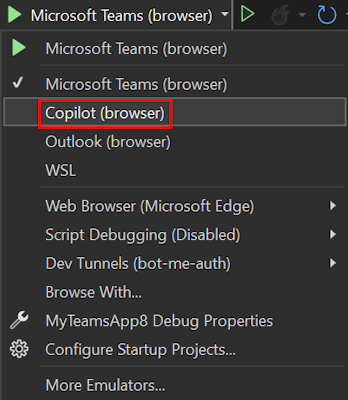 Screenshot shows the Copilot (Browser) debug option in Visual Studio.