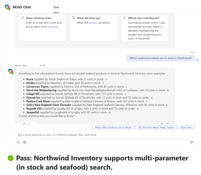 Screenshot shows an example of a pass scenario where the Northwind app returns a response for a seafood and in stock parameters.