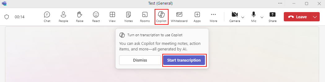 Screenshot shows the Copilot option and start transcription button in a Teams meeting.