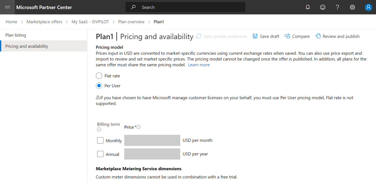 The screenshots shows pricing and availability page to add SaaS offer for your app.