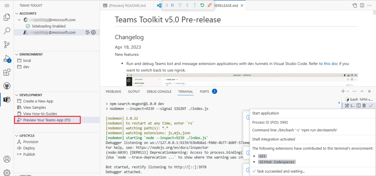 Screenshot shows you the Teams Toolkit window in browser with your message extension.