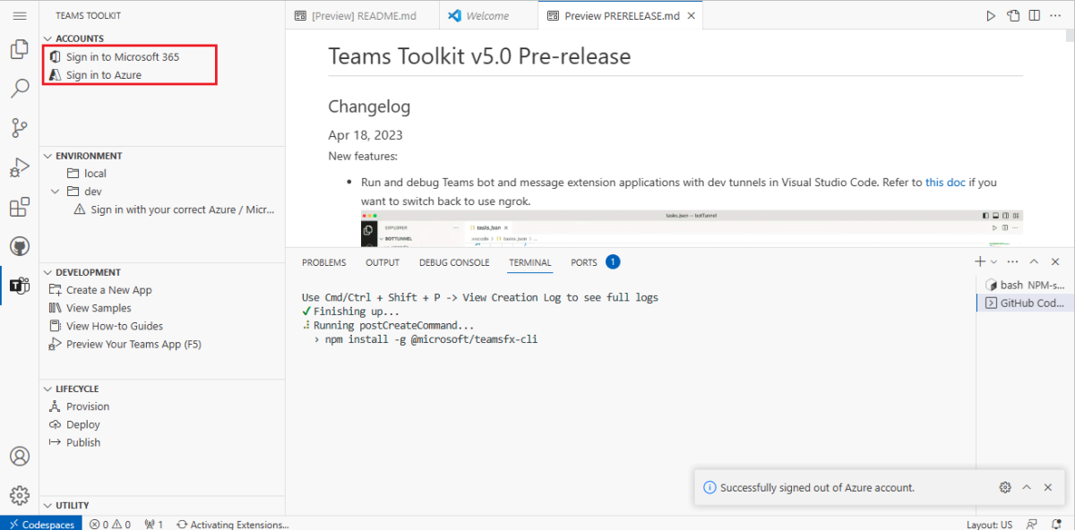 Screenshot shows you the Teams Toolkit window in browser to sign in.
