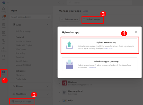 Screenshot shows the selection of Upload a customised app.