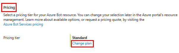 Screenshot shows the pricing option in Azure portal.