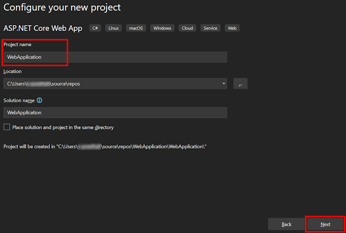 Screenshot shows the project name to enter.