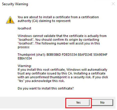 Screenshot shows the dialog box to accept the security warning.