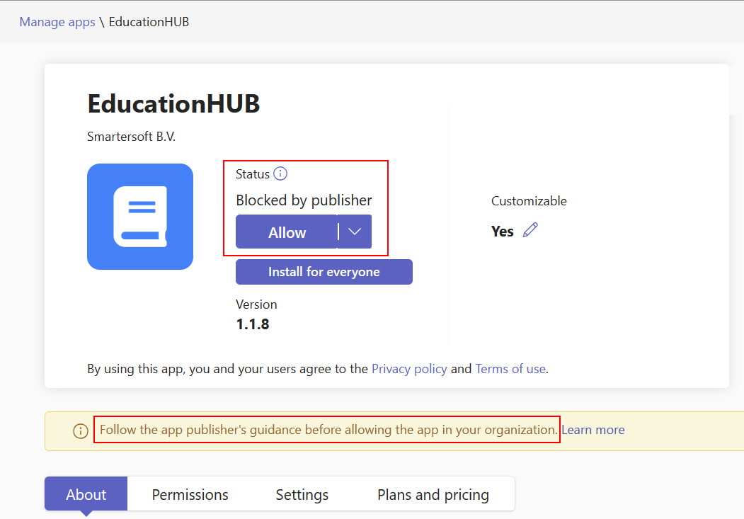 Screenshot shows the Allow option for the app blocked by publisher.