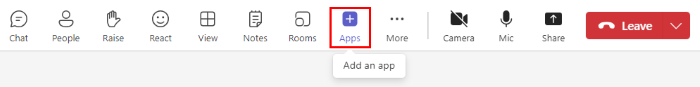 Screenshot shows the option to add an app in Teams.