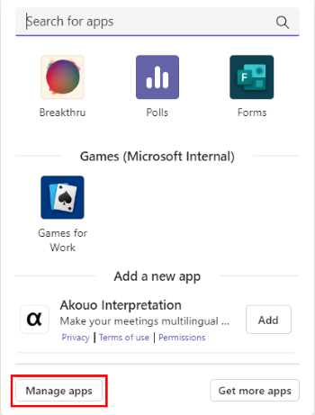 Screenshot shows the option to manage apps in Teams call.
