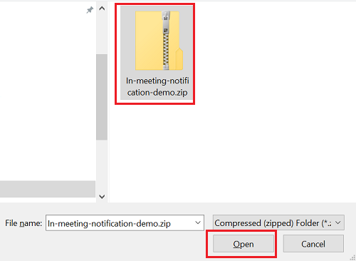 Screenshot shows the manifest folder with in-meeting notification demo zip file and Open option highlighted in red.