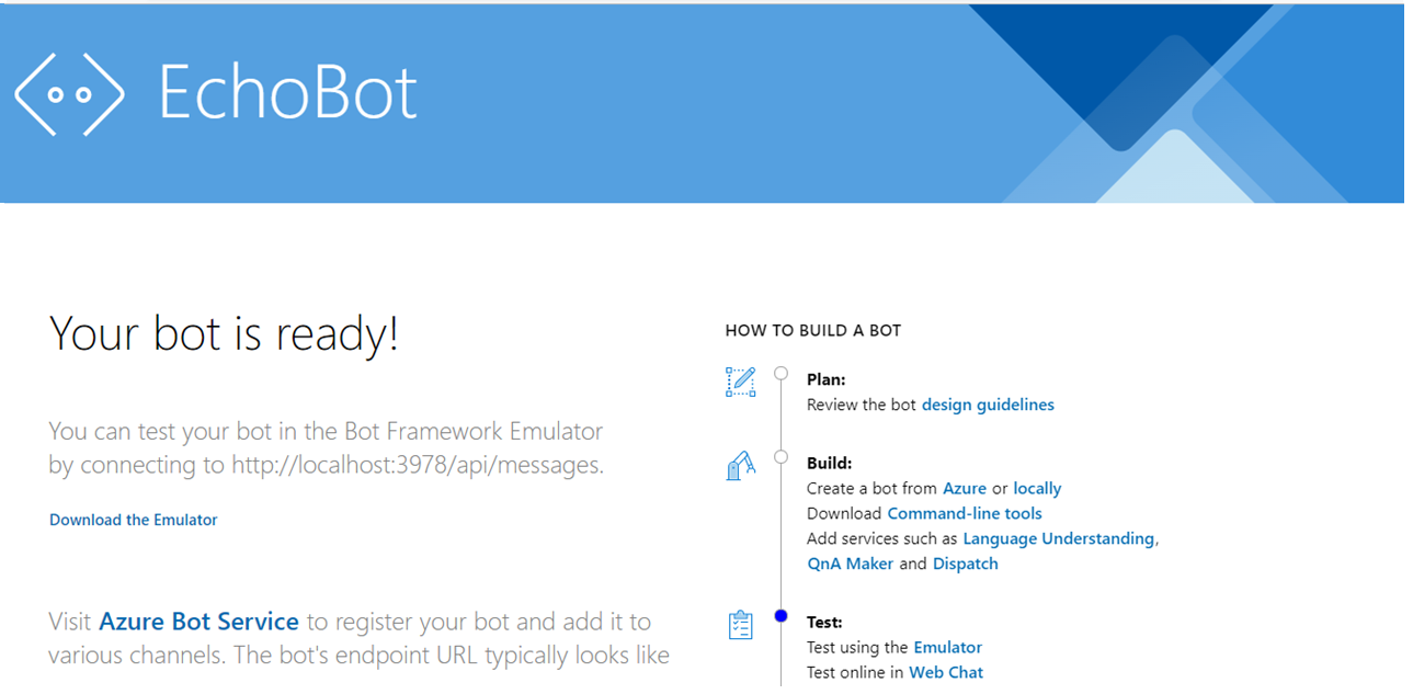 Screenshot shows the Echo bot showing your bot is ready.