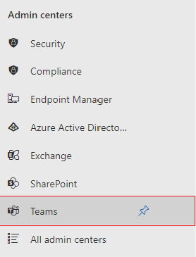 Screenshot of Admin Centers with Teams option highlighted in red.