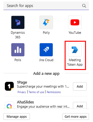 Screenshot of Find an app with Meeting Token App highlighted in red. 