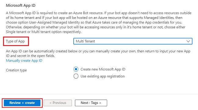 Screenshot of Microsoft App ID section under Create an Azure Bot. The Type of App selected and Review plus create options are highlighted in red.