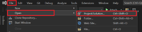 Screenshot of Visual Studio with the File, Open, and Project/Solution options highlighted in red.