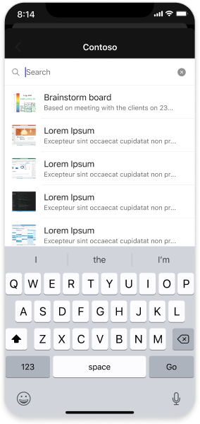 Example shows a user searching for content to insert from the compose box on mobile.