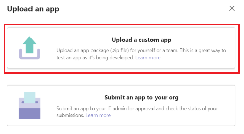 Screenshot shows the Upload a custom app option highlighted.