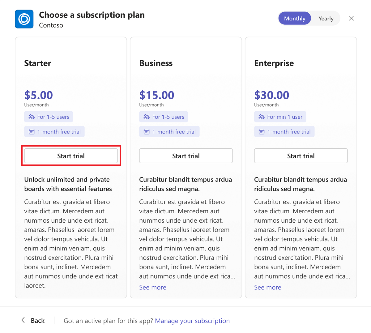 Screenshot shows selecting the appropriate subscription plan.