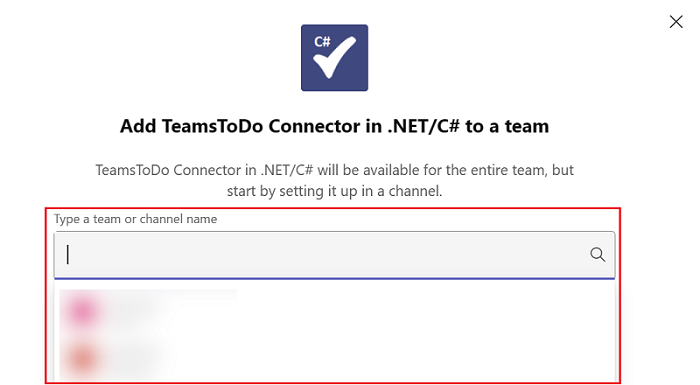 Screenshot of TeamsTodo Connector in .NET/C# to a team with Type a team or channel name highlighted in red.