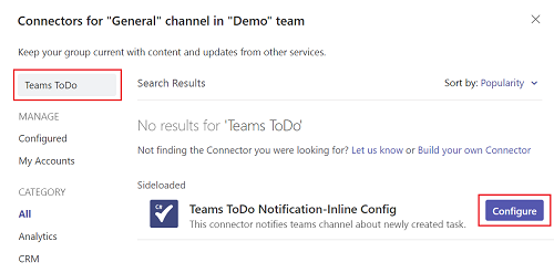 Screenshot of Connectors for General channel in Demo team with TeamsToDo and Configure highlighted in red.