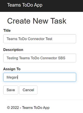 Screenshot of Teams ToDo App displaying the new task details.