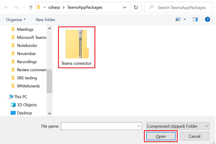 Screenshot of TeamsAppPackages folder with Teams connector zip file highlighted in red.
