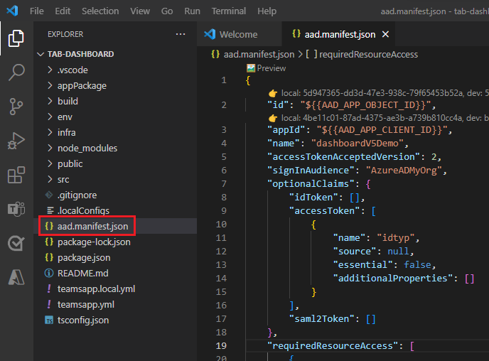 Screenshot shows the Microsoft Entra app manifest code addition.