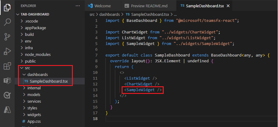 Screenshot shows the existing sampleDashboard file in Visual Studio Code.