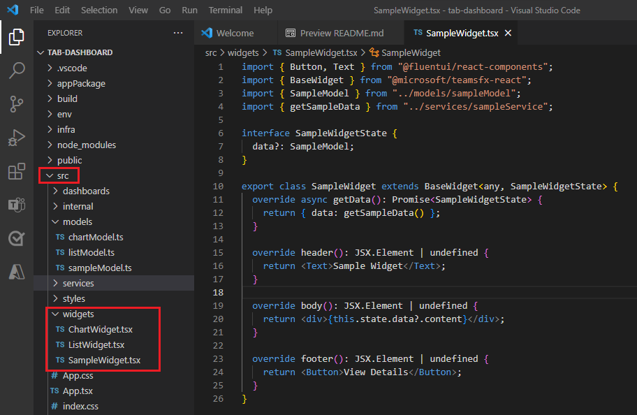 Screenshot shows the creation of sampleWidget.tsx under the widgets in Visual Studio Code.