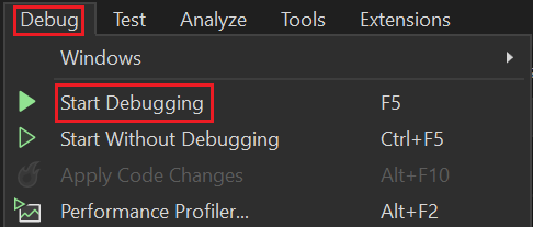 Screenshot shows the selection of start debugging action.