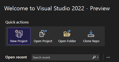 Screenshot shows the selection of New Project in Visual Studio.