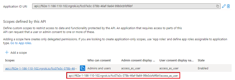 Screenshot shows the added scope for the application ID URI.