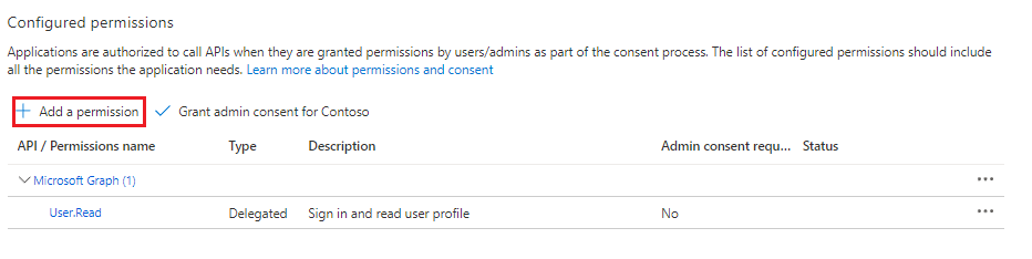 Screenshot shows the add a permission option.