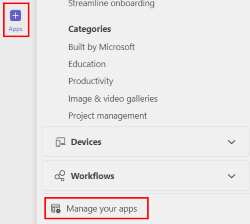 Screenshot shows the manage your apps option in Teams.