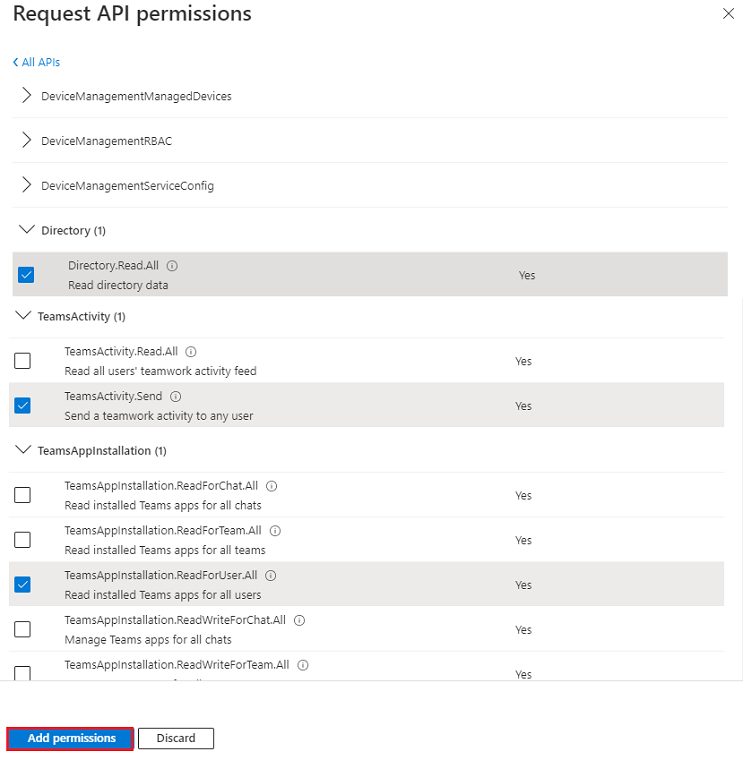 Screenshot shows the various API permissions.