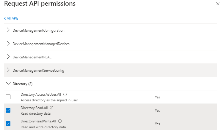 Screenshot shows the various API permissions.
