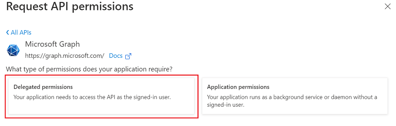 Screenshot shows the option to select delegated permissions.
