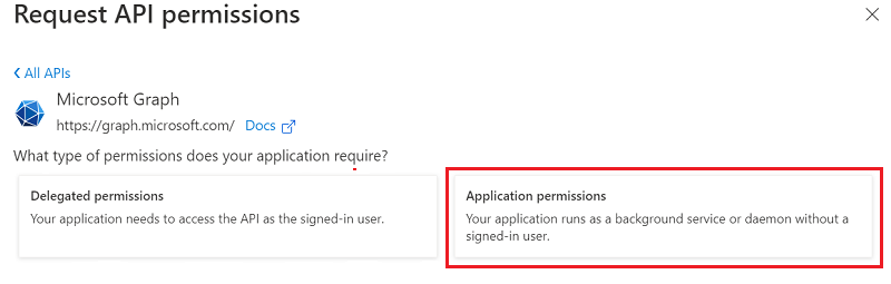 Screenshot shows the option to select application permissions.