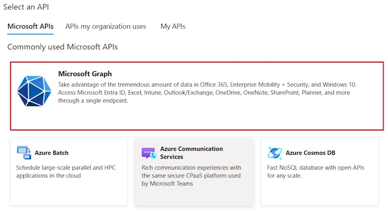 Screenshot shows the option to select Microsoft graph.