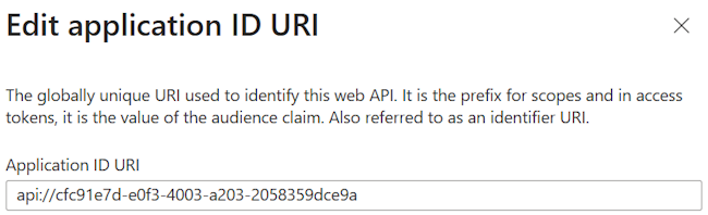 Screenshot shows the application ID URI entered.