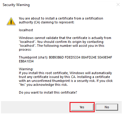Screenshot of Security Warning with the Yes option highlighted in red.