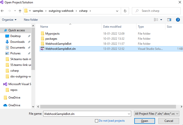 Screenshot shows how to select WebhookSampleBot.sln from csharp folder.