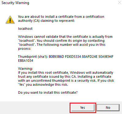 Screenshot of Security Warning dialog with the Yes option highlighted in red.