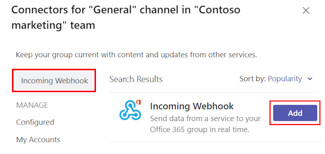 Screenshot shows the Add option to add an Incoming Webhook.