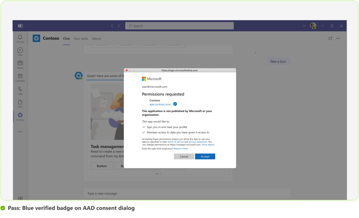 Graphic shows an example of a blue verified badge on the Azure Active Directory consent dialog.