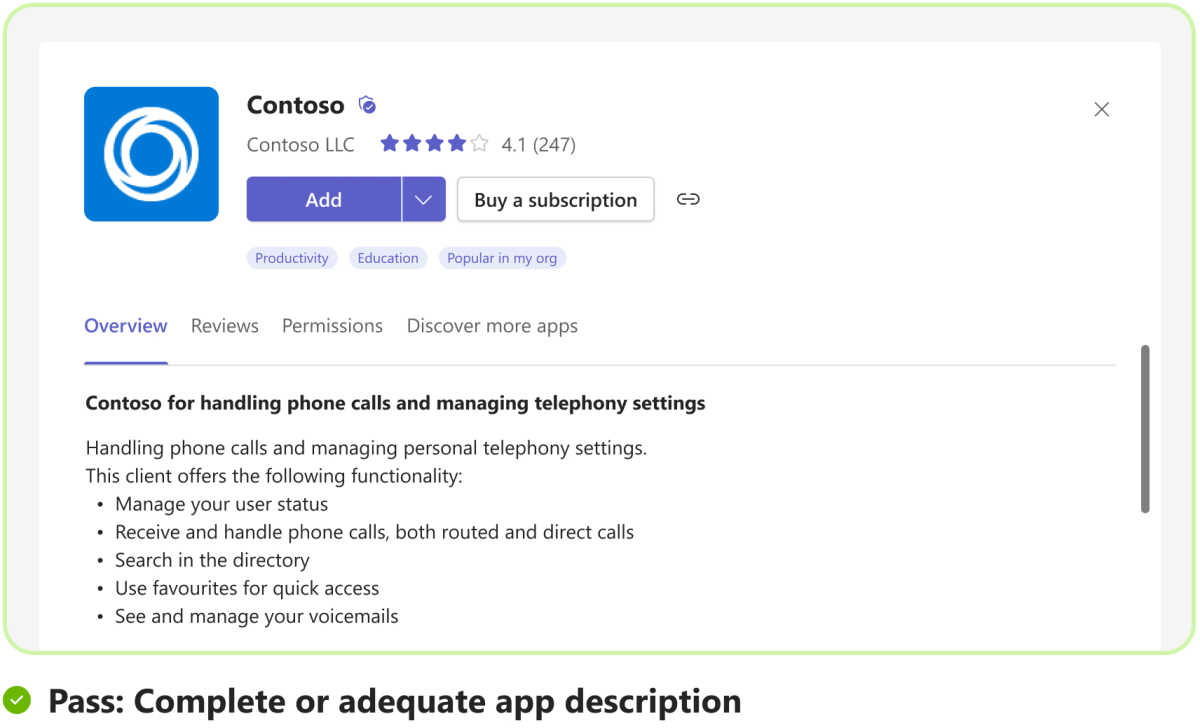 Graphic shows an example of adequate app description in the Teams app.