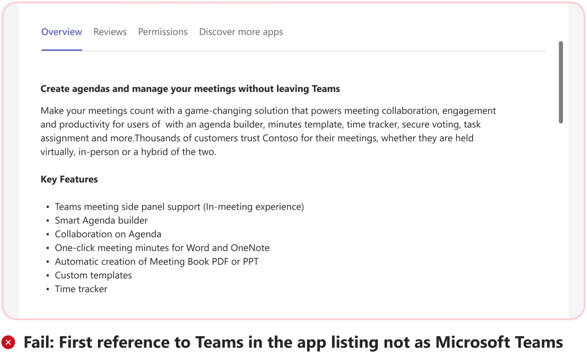 Graphic shows an example of incorrect reference to Teams in app description.